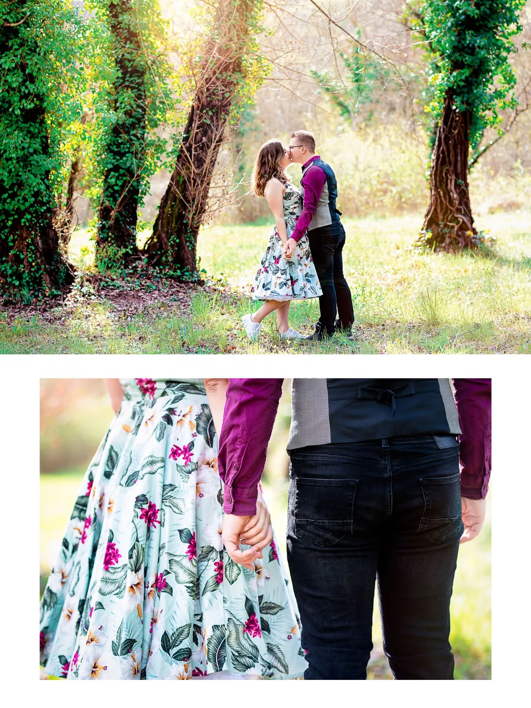 Couple s'embrassant dans un bosquet de chênes feuillus.