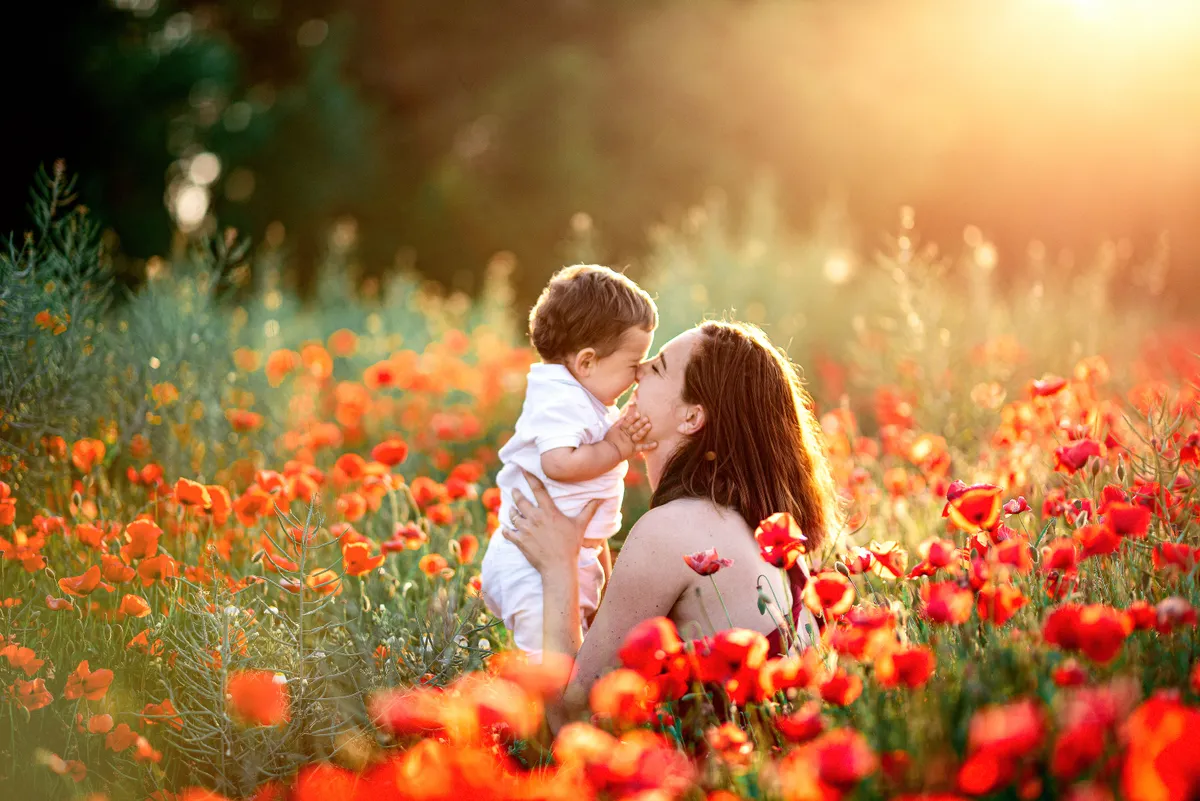 Enfant et maman dans un champ de coquelicots rouges.