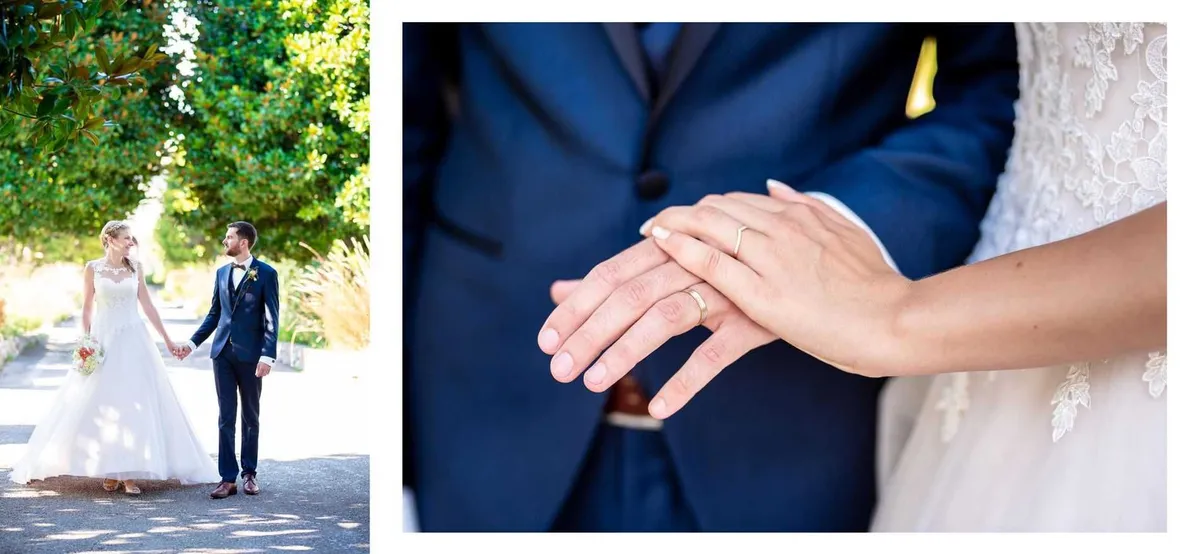 Mariée et marié se tiennent la main sur un chemin ombragé