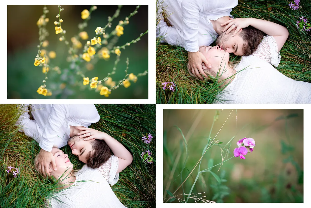 Couple allongé dans l'herbe, partageant un moment tendre et intime.